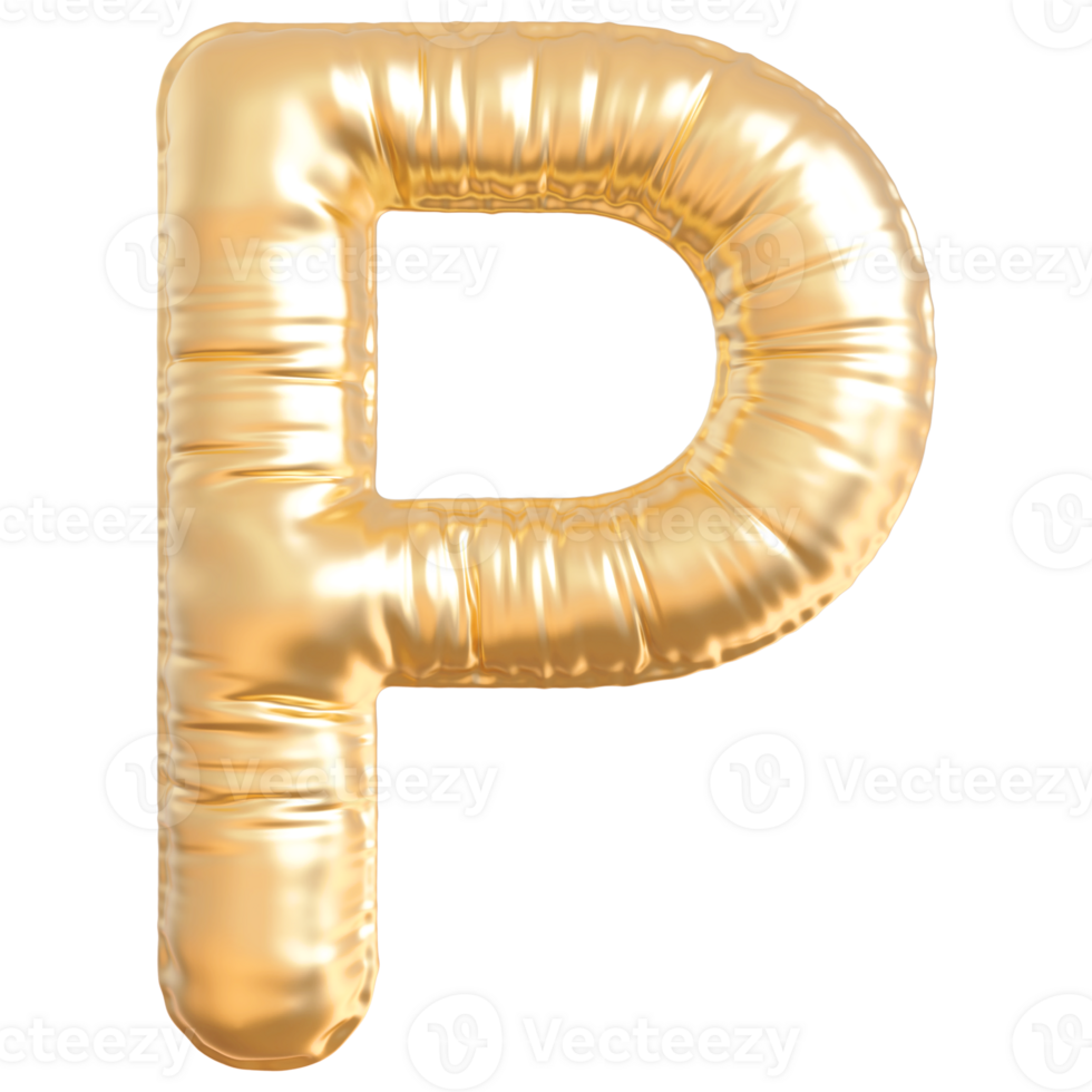 Gold bubble letter P font 3d render png