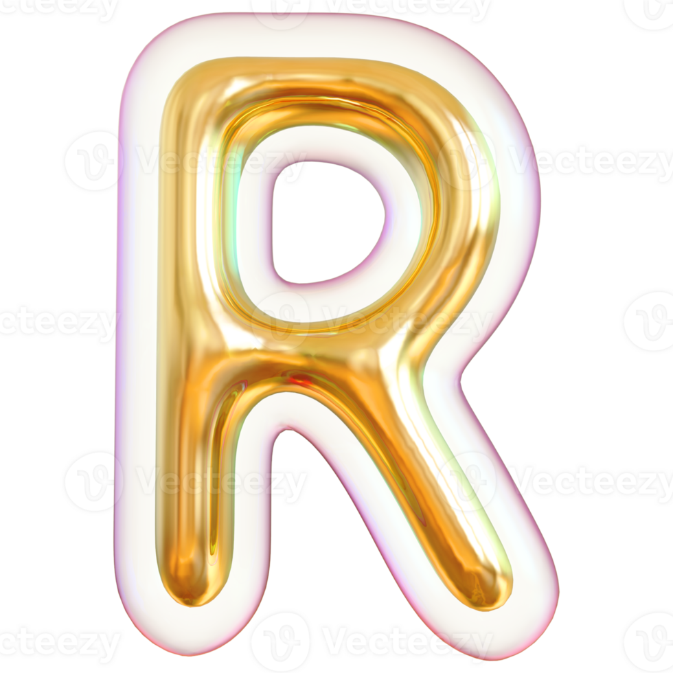 Gold bubble letter R font 3d render png