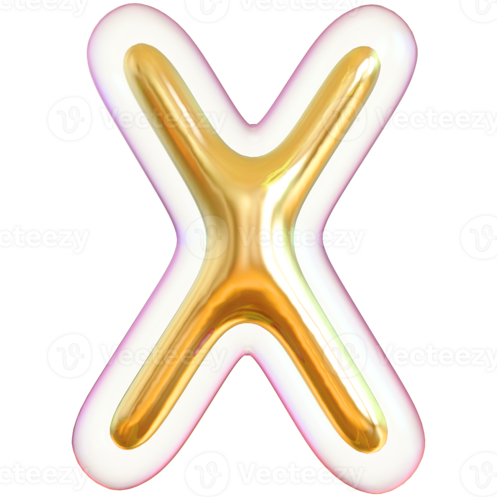 Gold bubble letter X font 3d render png