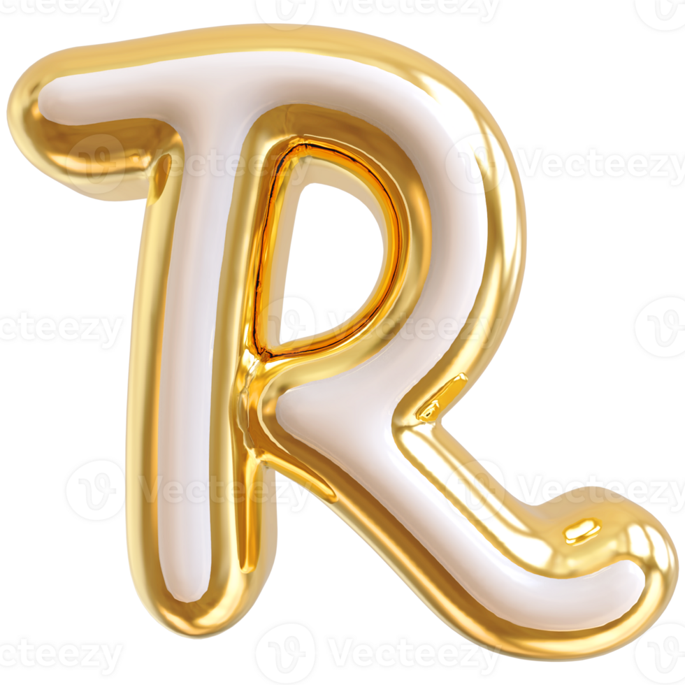 Gold bubble letter R font 3d render png