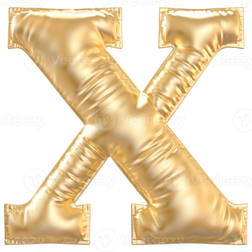 Gold bubble letter X font 3d render png