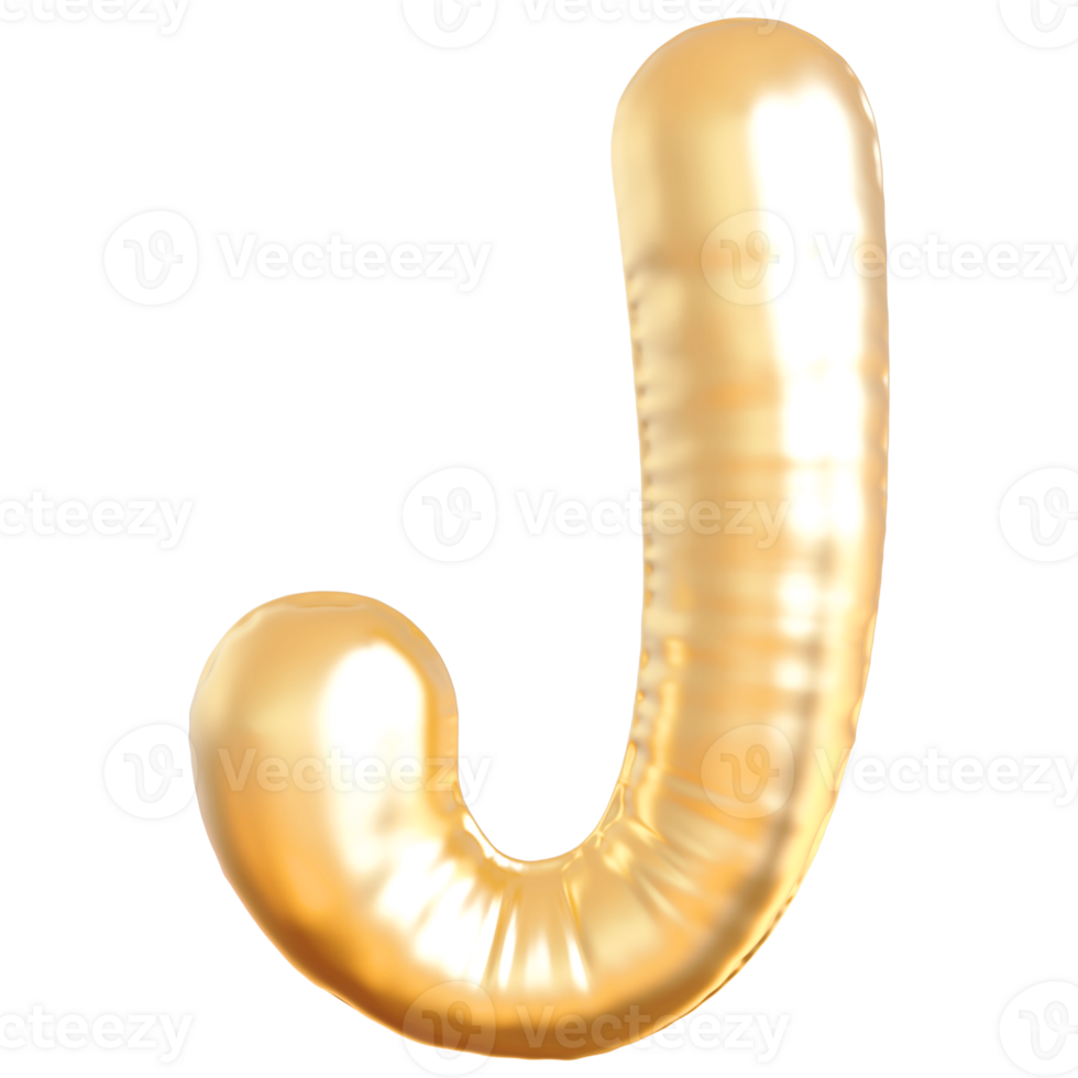Gold bubble letter J font 3d render png