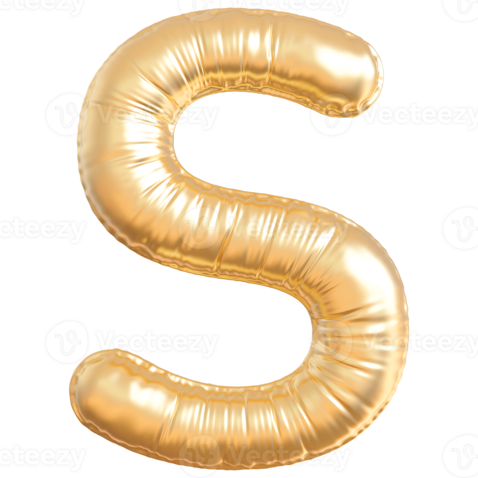 Gold bubble letter S font 3d render png