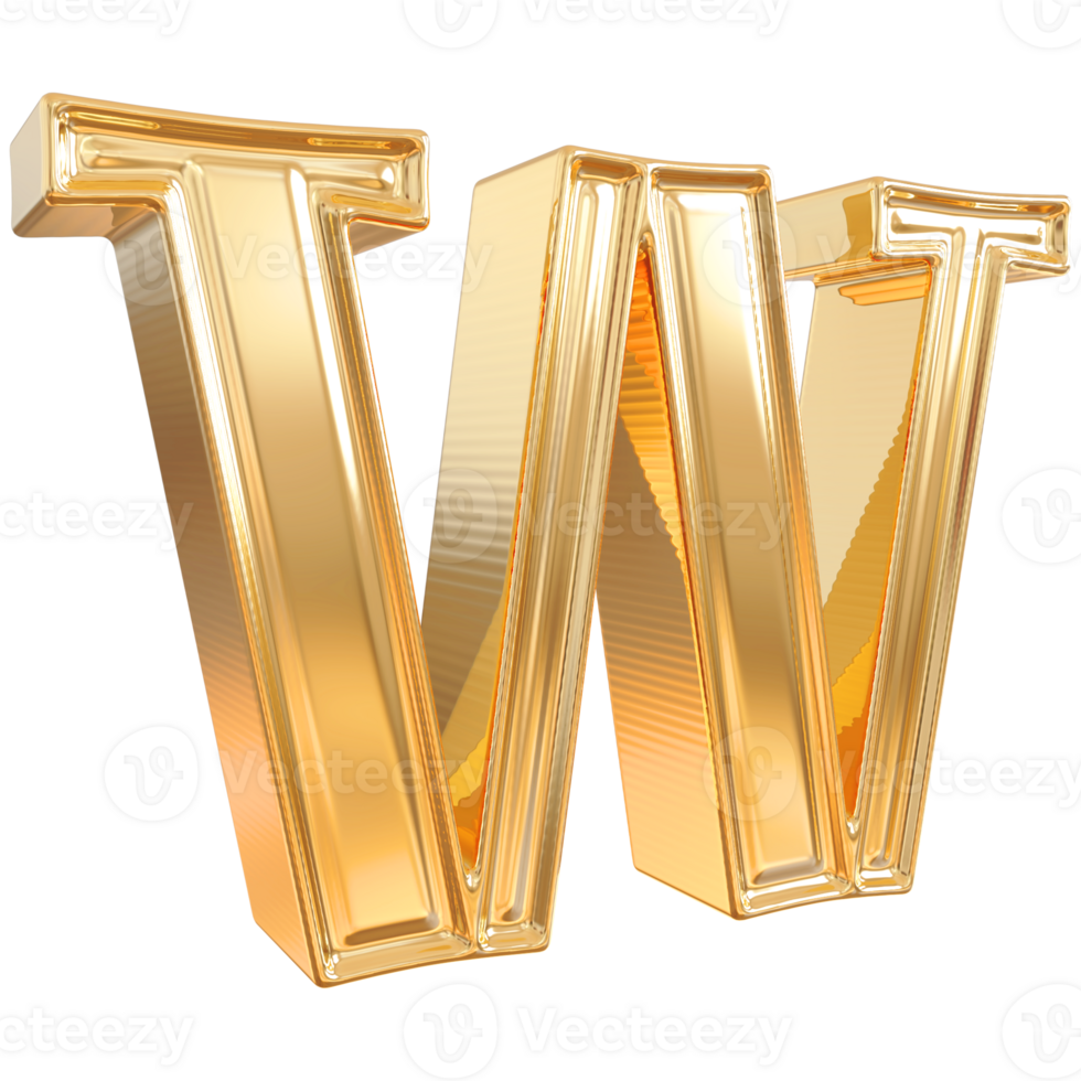 Gold letter W font 3d render png