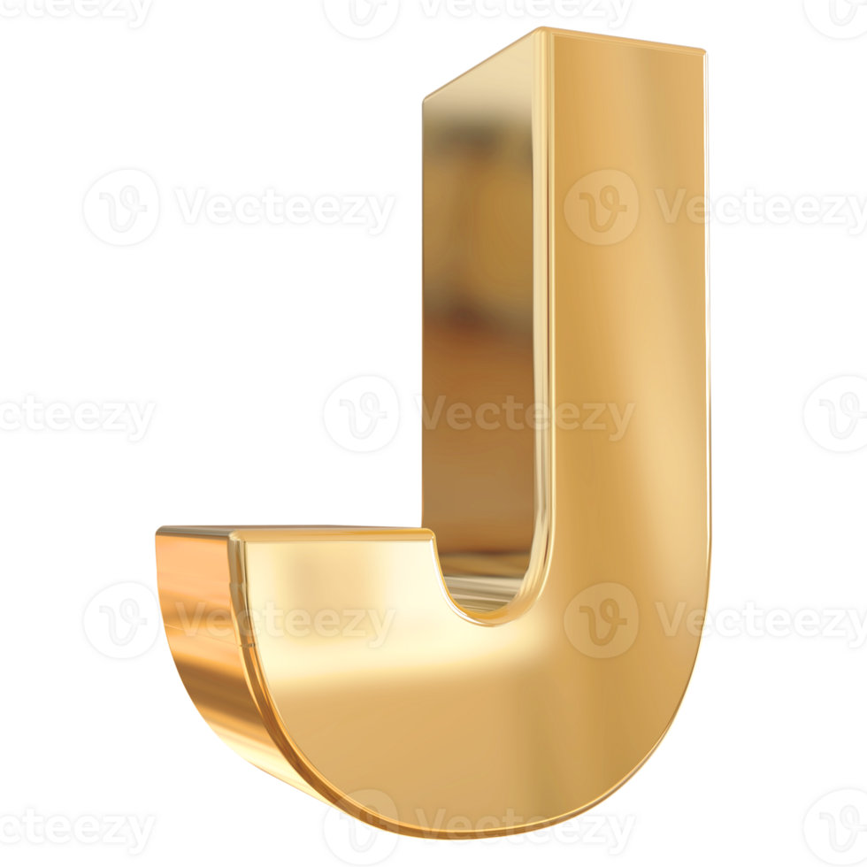 Gold letter J font 3d render png