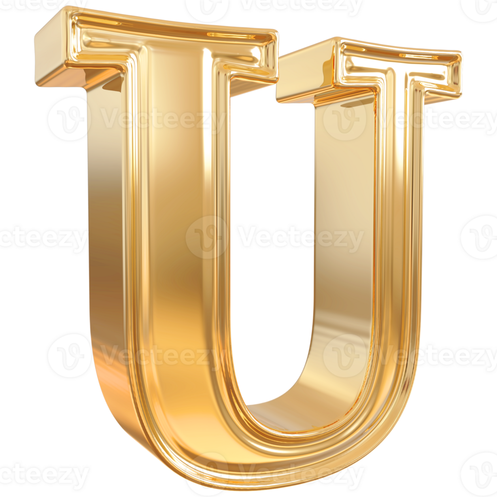 Gold letter U font 3d render png