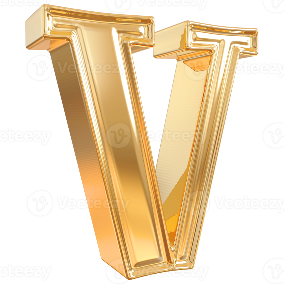 Gold letter V font 3d render png