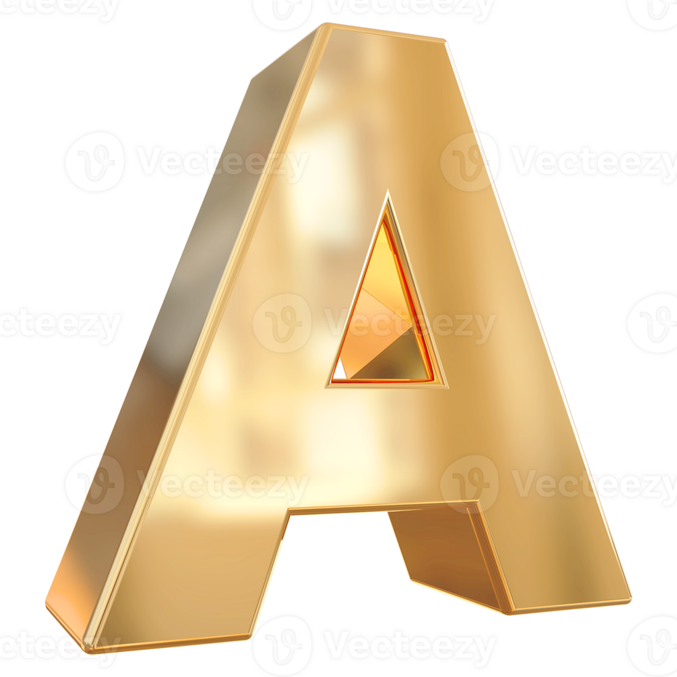 Gold letter A font 3d render png
