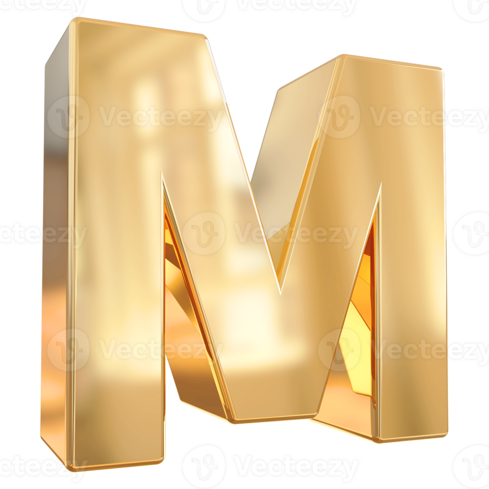 Gold letter M font 3d render png