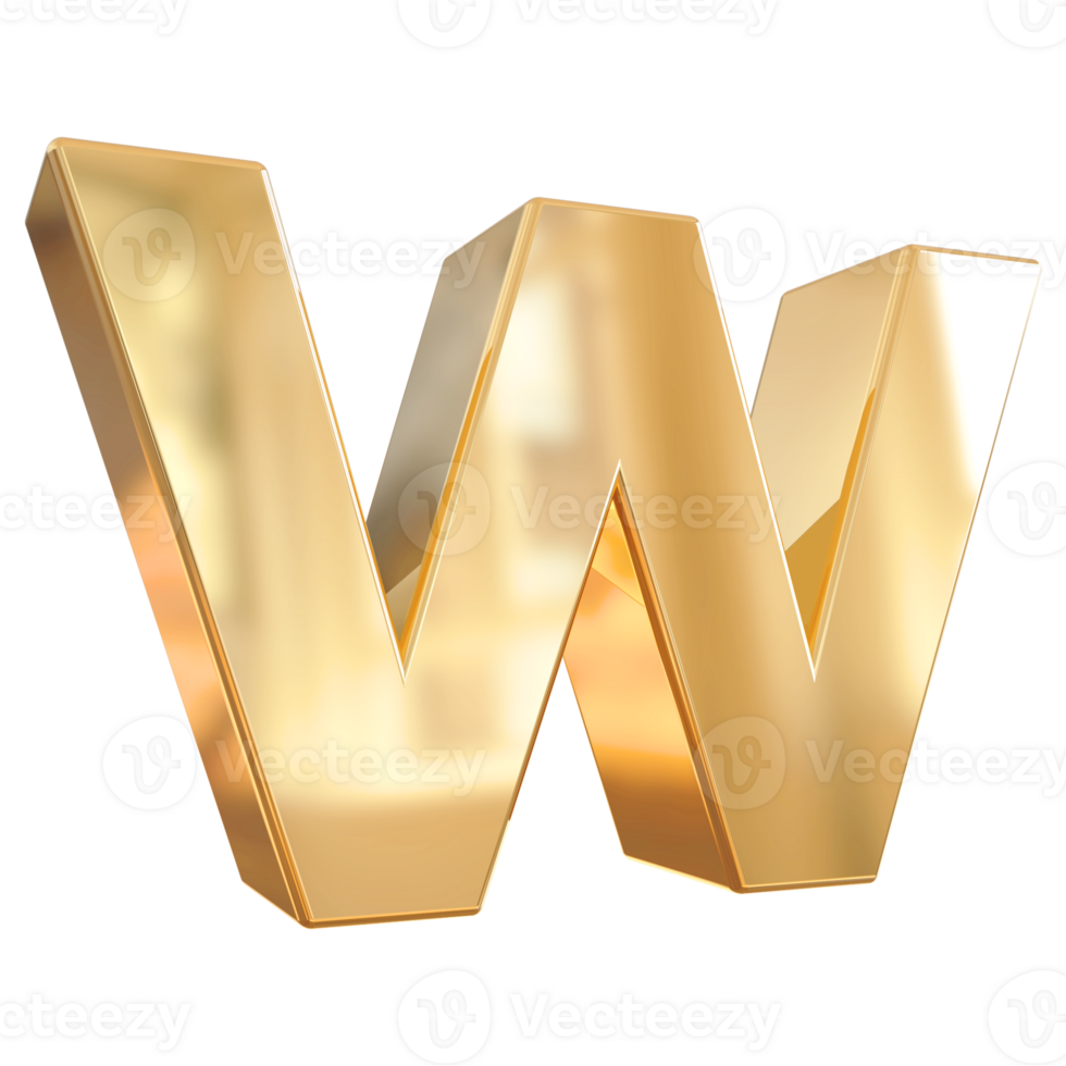 Gold letter W font 3d render png