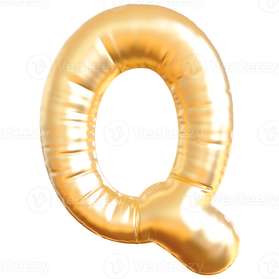Gold bubble letter Q font 3d render png