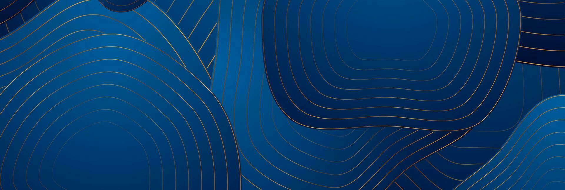 Blue wavy curved circles with golden lines abstract background vector