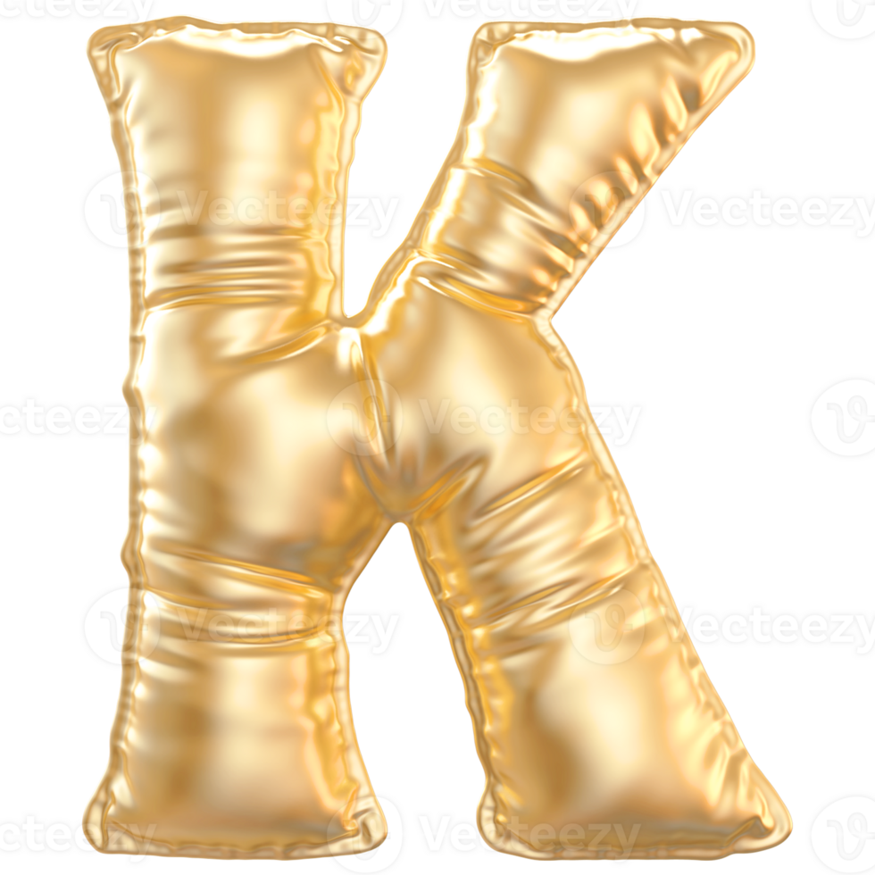 Gold bubble letter K font 3d render png