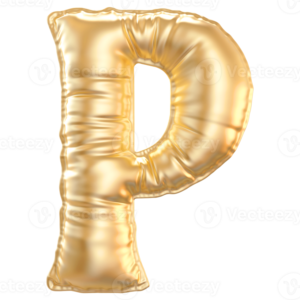 Gold bubble letter P font 3d render png