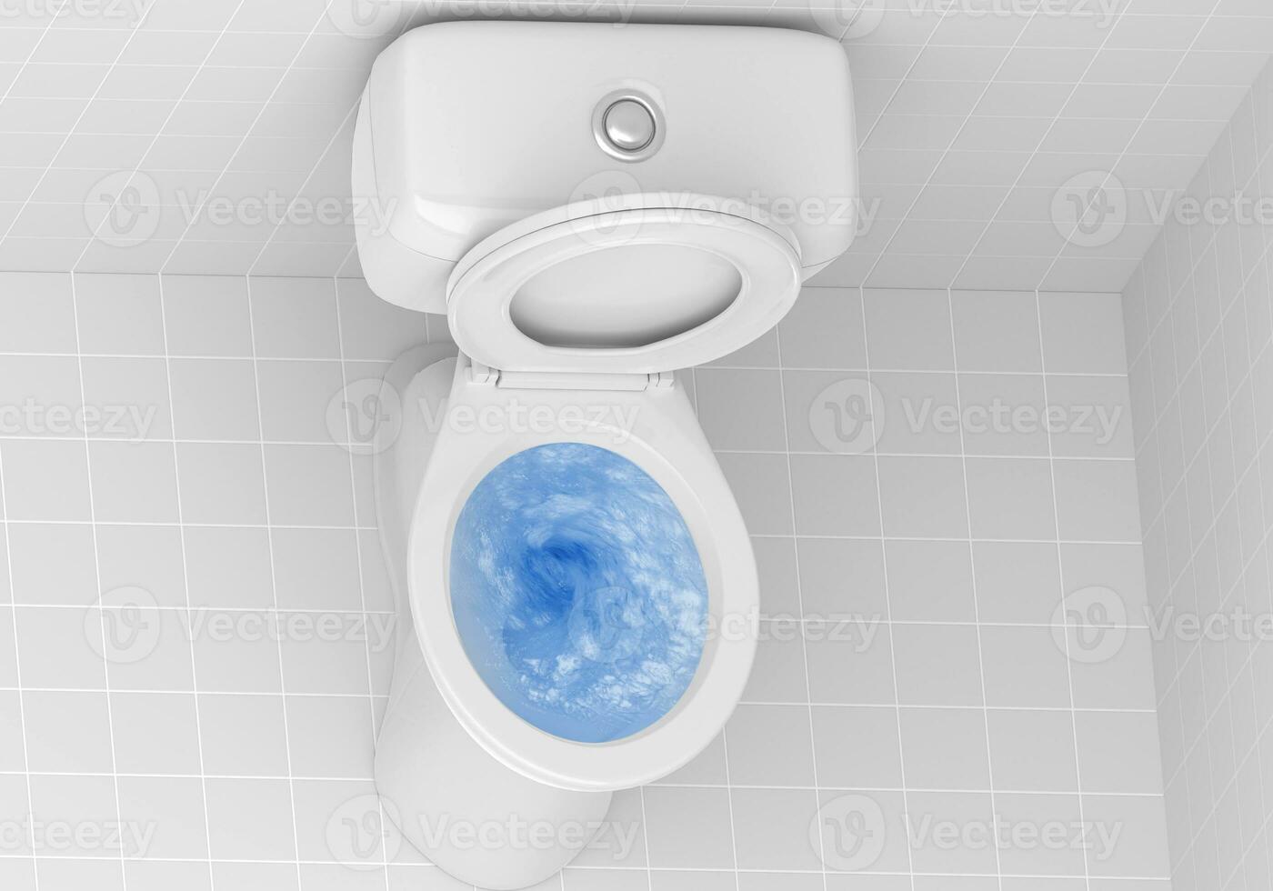 Top view of toilet bowl, blue detergent flushing in it photo