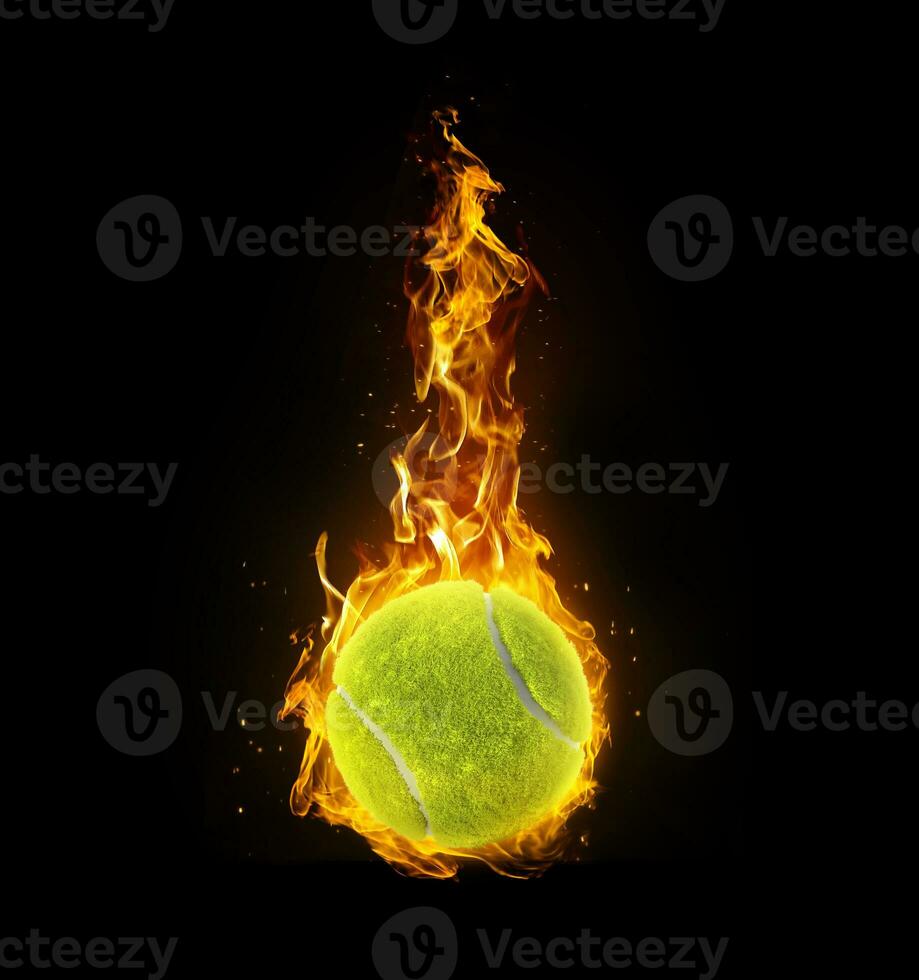 Tennis ball, on fire on black background photo