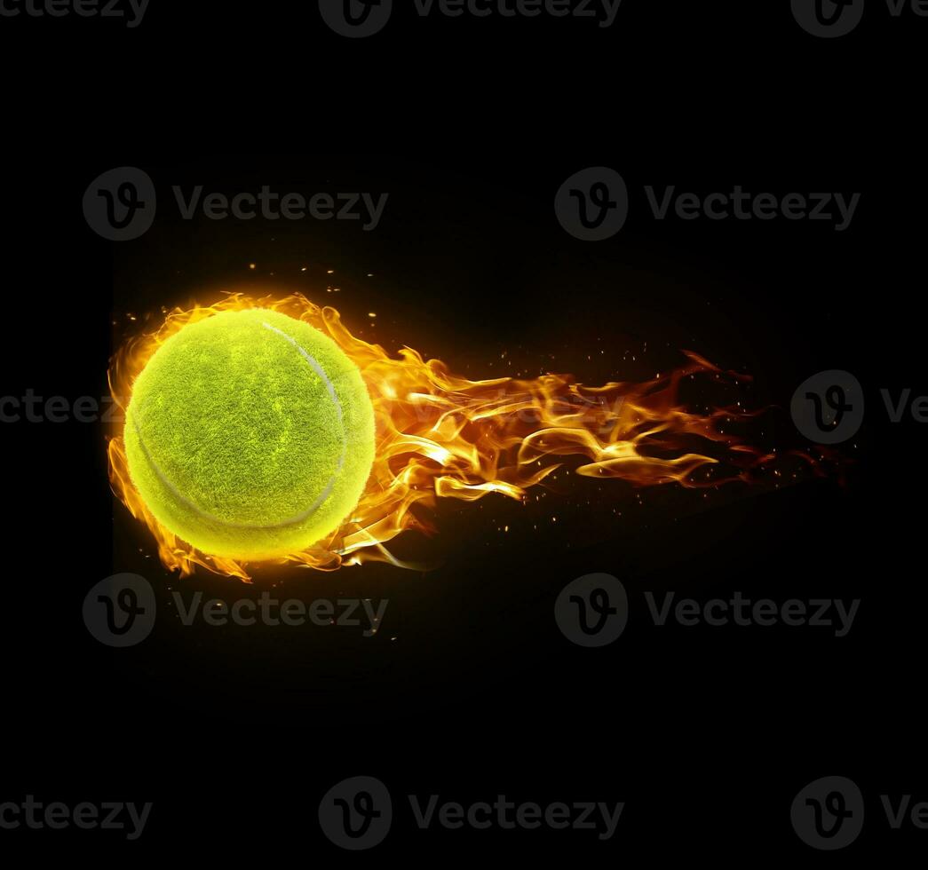 Tennis ball, on fire on black background photo