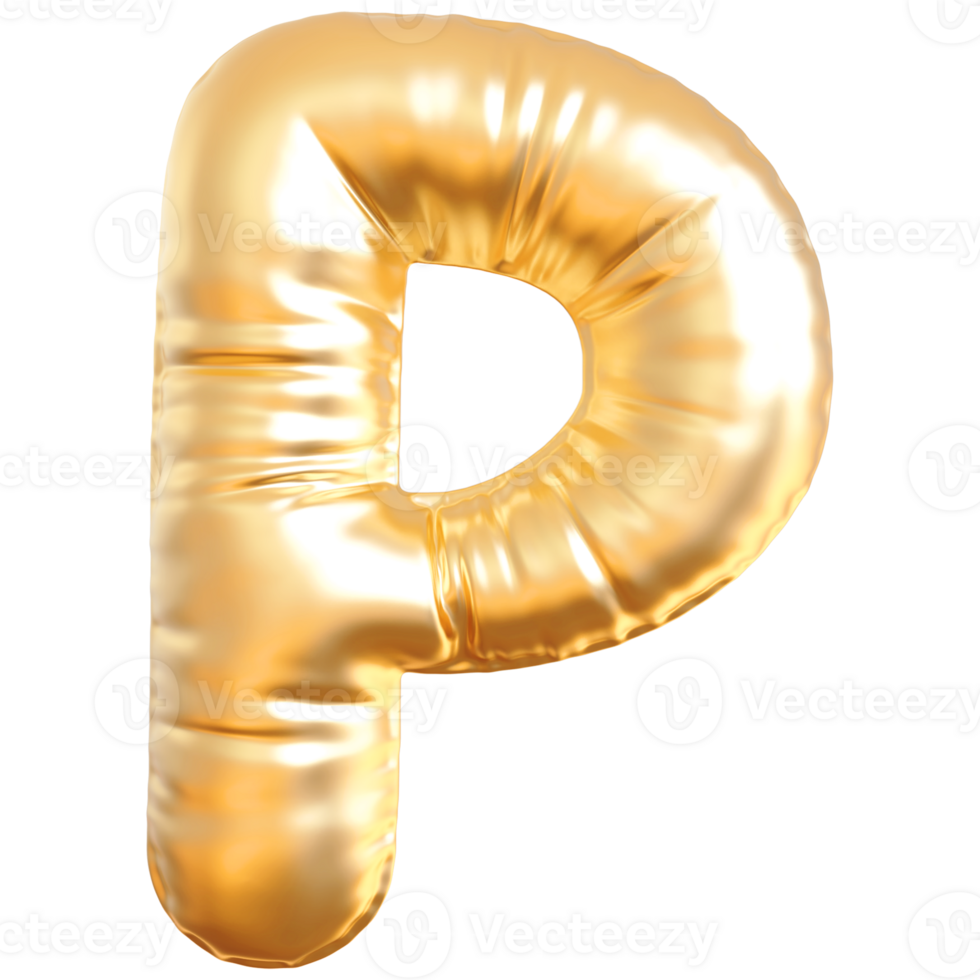 Gold bubble letter P font 3d render png
