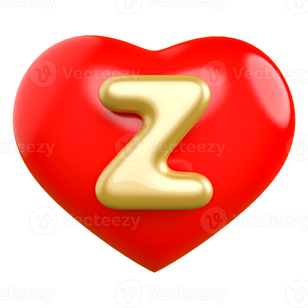 Gold love letter Z font 3d render png