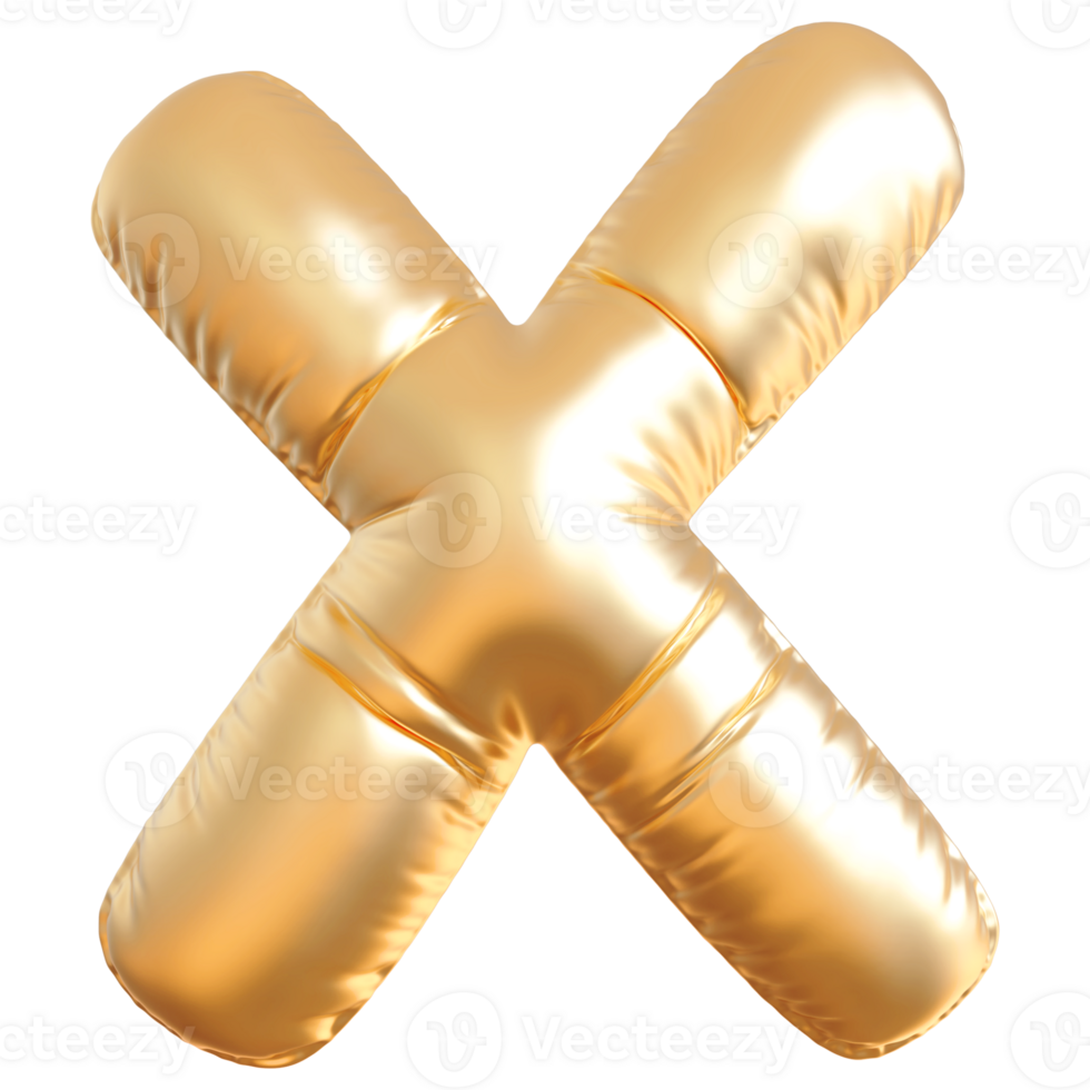 Gold bubble letter X font 3d render png