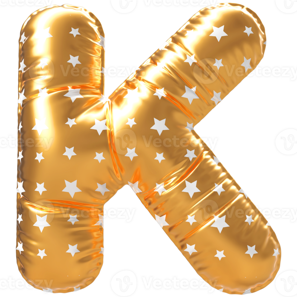Gold bubble letter K font 3d render png