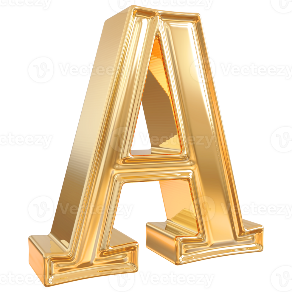 Gold letter A font 3d render png