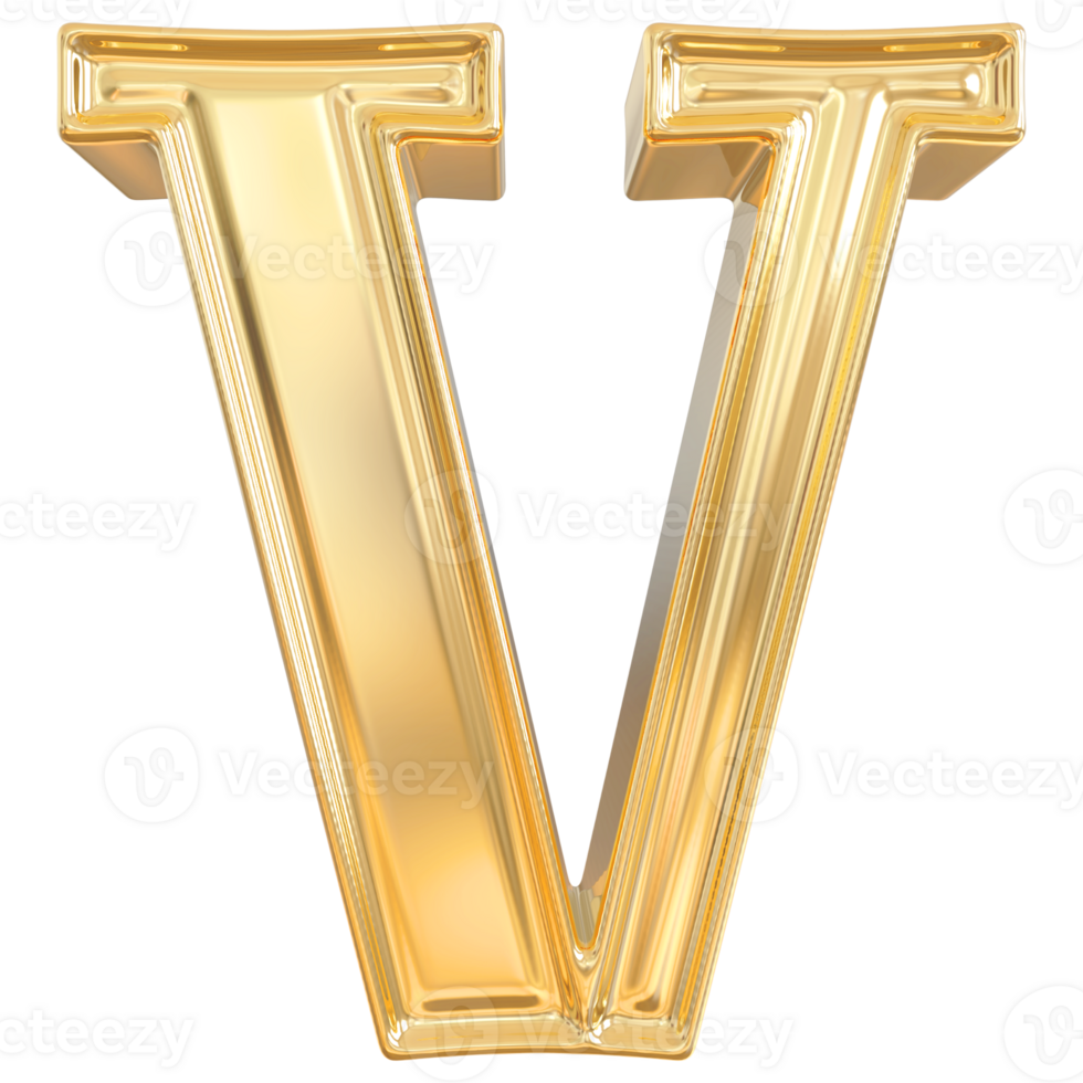 Gold letter V font 3d render png