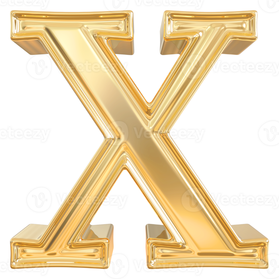 Gold letter X font 3d render png