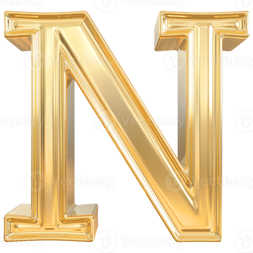 Gold letter N font 3d render png