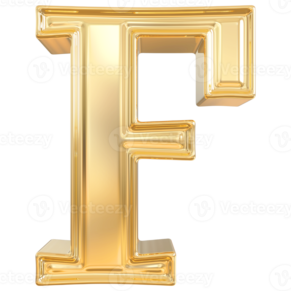 Gold letter F font 3d render png