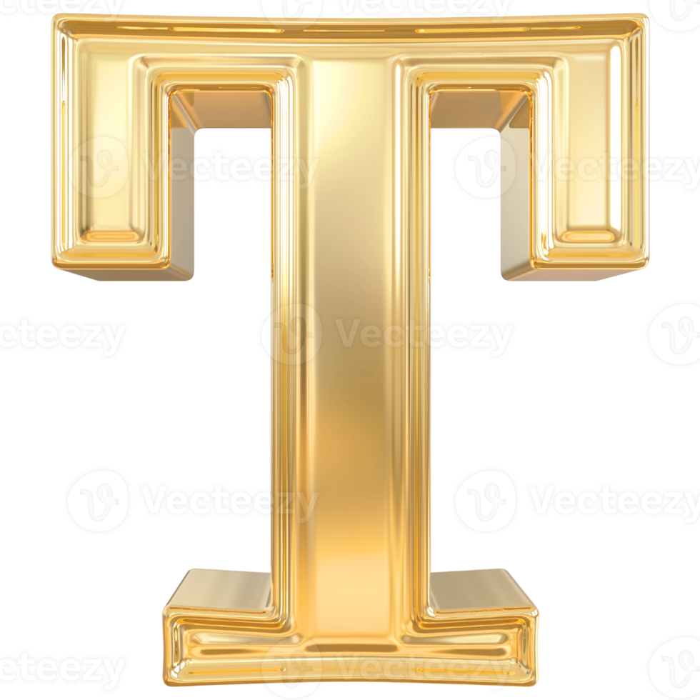 Gold letter T font 3d render png