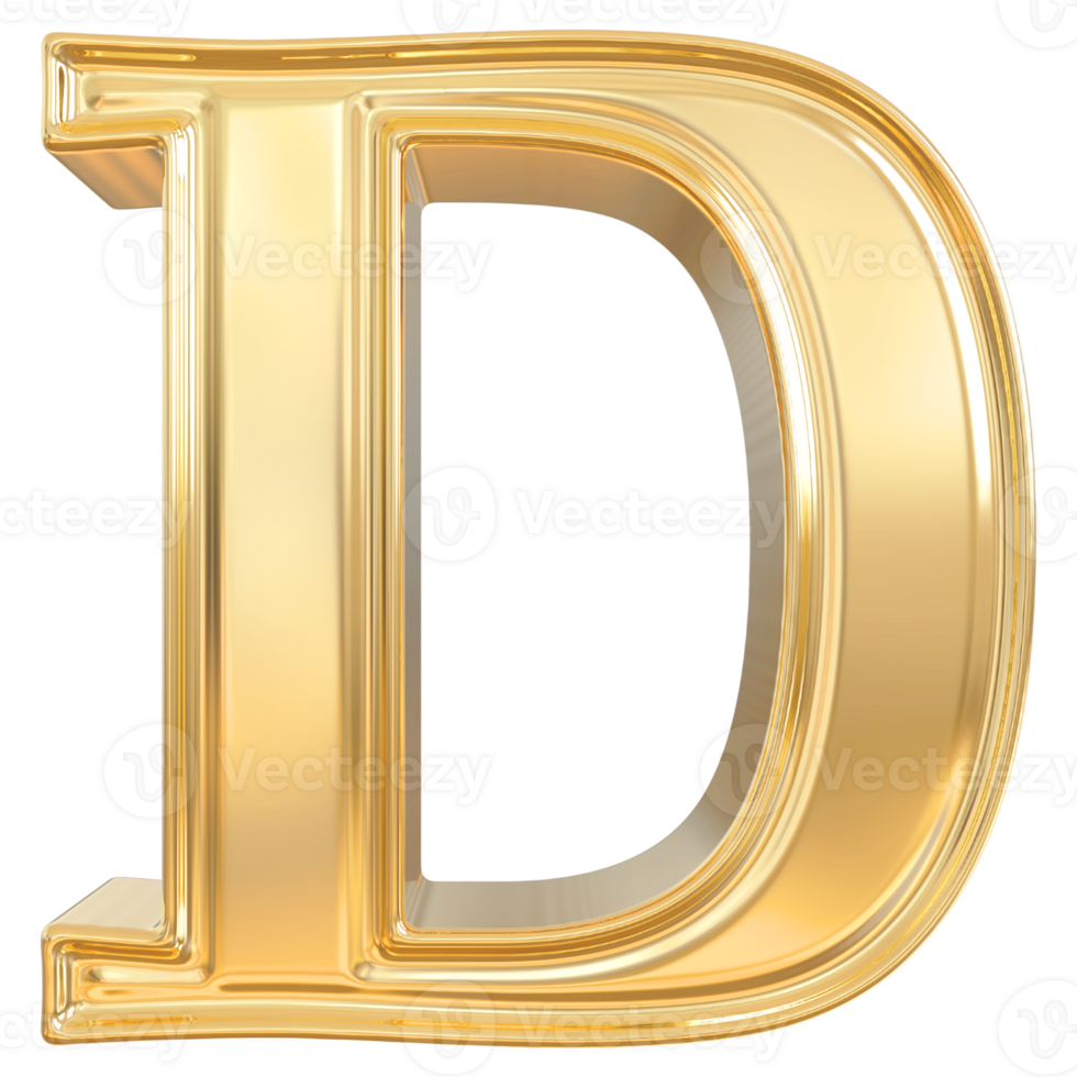 Gold letter D font 3d render png