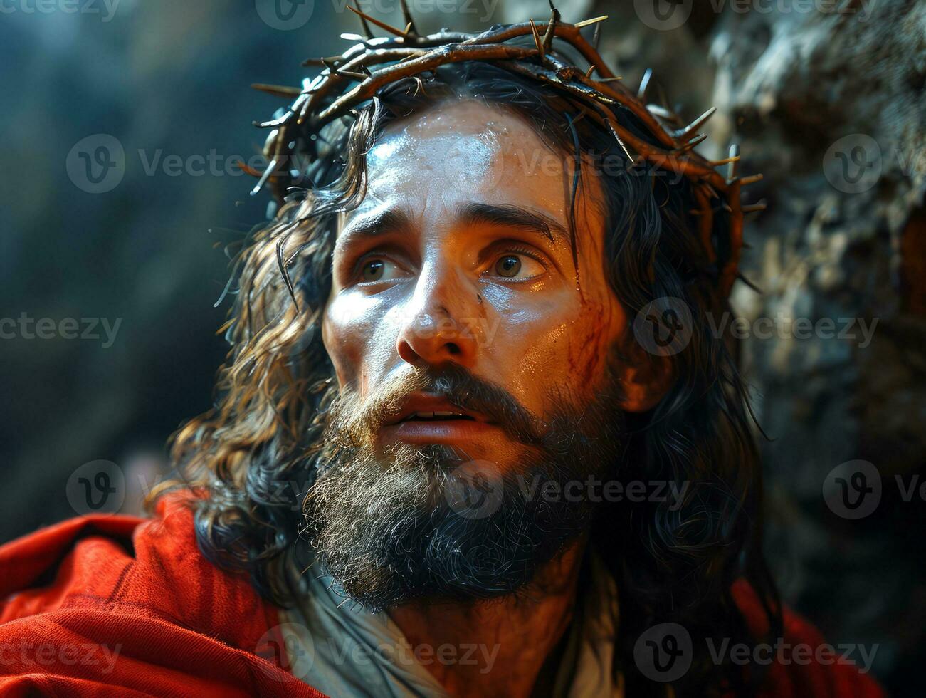 AI generated Jesus Christ on the cross on the way to his crucifixion on Via Dolorosa in Jerusalem photo