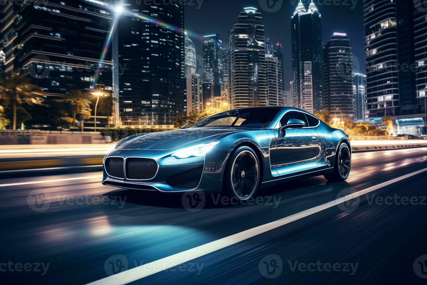 Modern luxury car riding on the highway in downtown financial center in big city photo