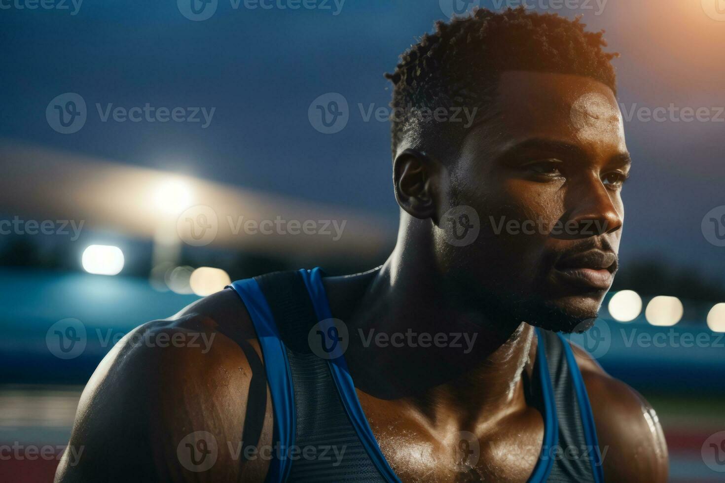AI generated A powerful black athlete on the running race track, showcasing strength, speed and fitness photo