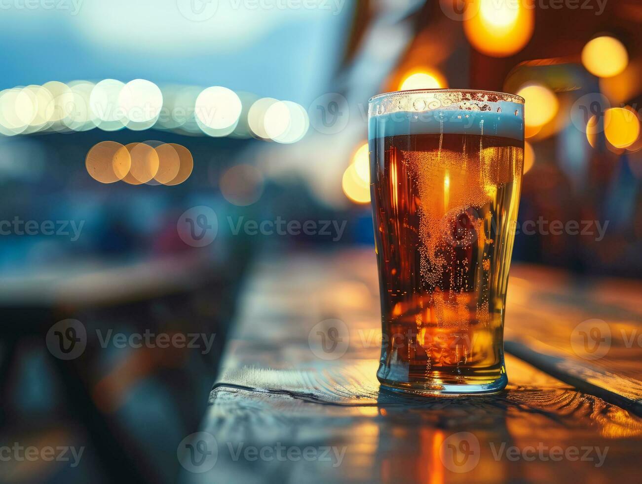 ai generado taza de cerveza en pie en el mesa Listo a ser consumado antes de el deporte juego foto