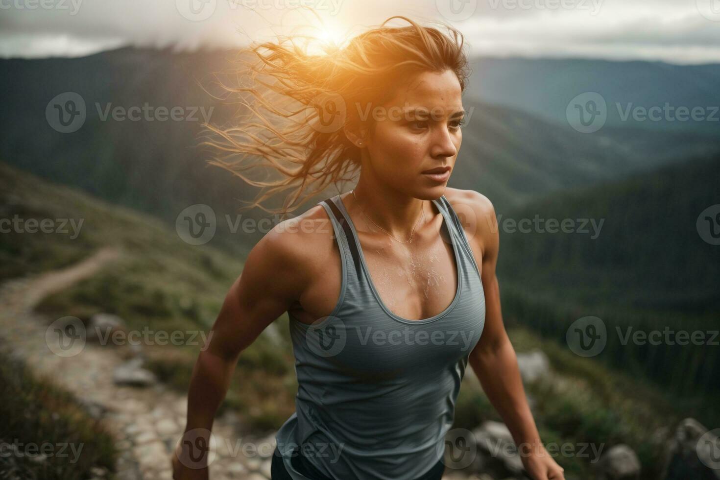 AI generated Sporty fit young diverse woman athlete running on a mountain trek with sun in the background photo