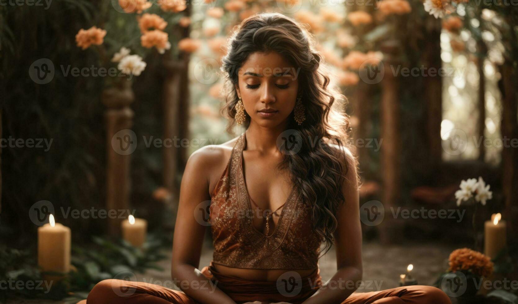 ai generado hermosa espiritual meditación en indio templo por atractivo joven mujer foto