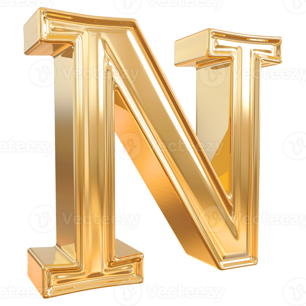 Gold letter N font 3d render png