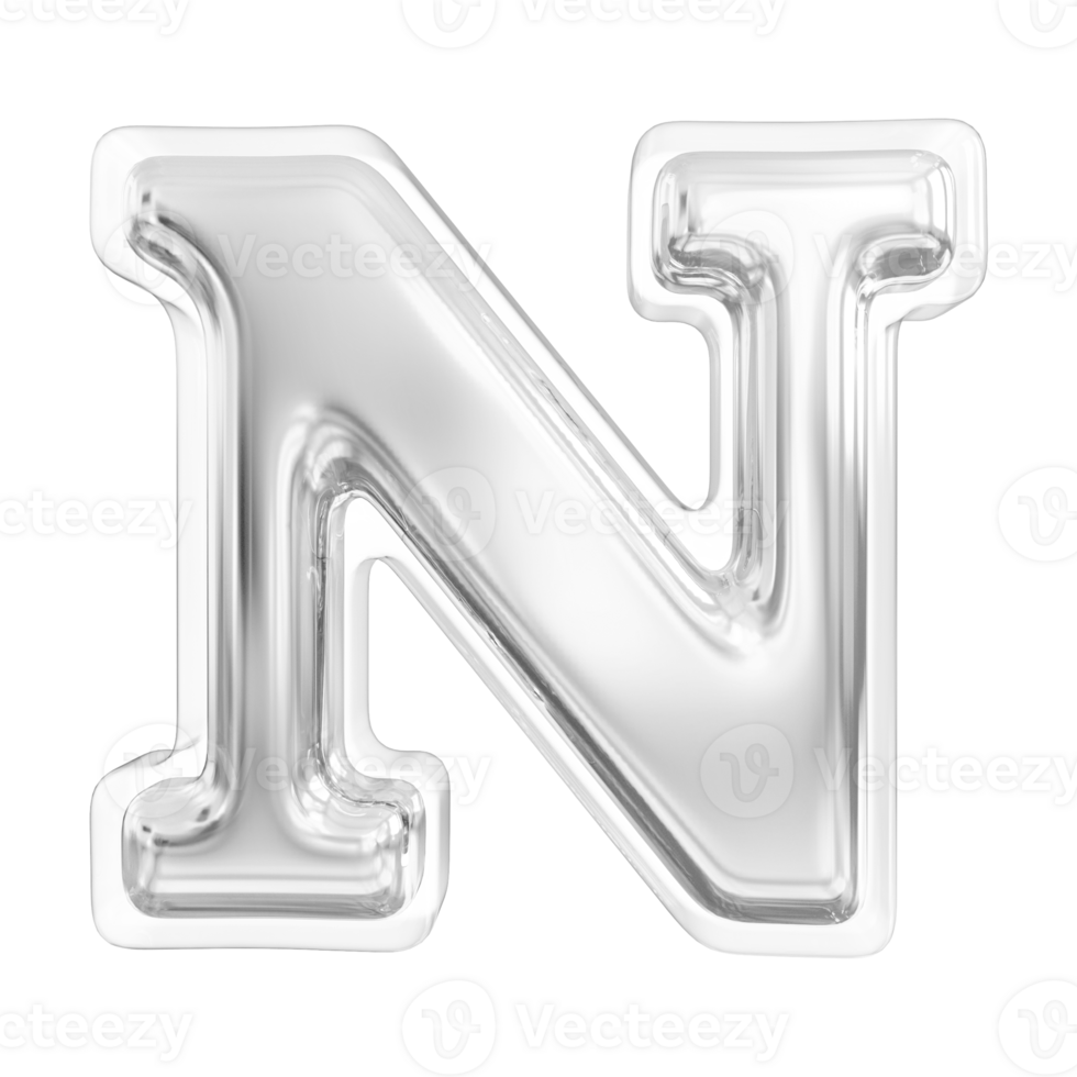 Silver letter N font 3d render png