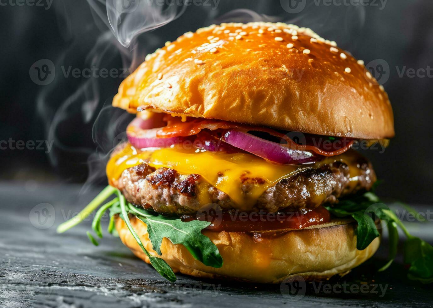 AI generated Fresh tasty beef burger with onion, cheese and vegetables. Junk food and fast food concept photo