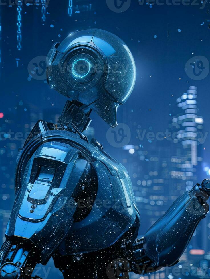 AI generated Futuristic Android robot holding a bitcoin, a concept of big data and AI photo