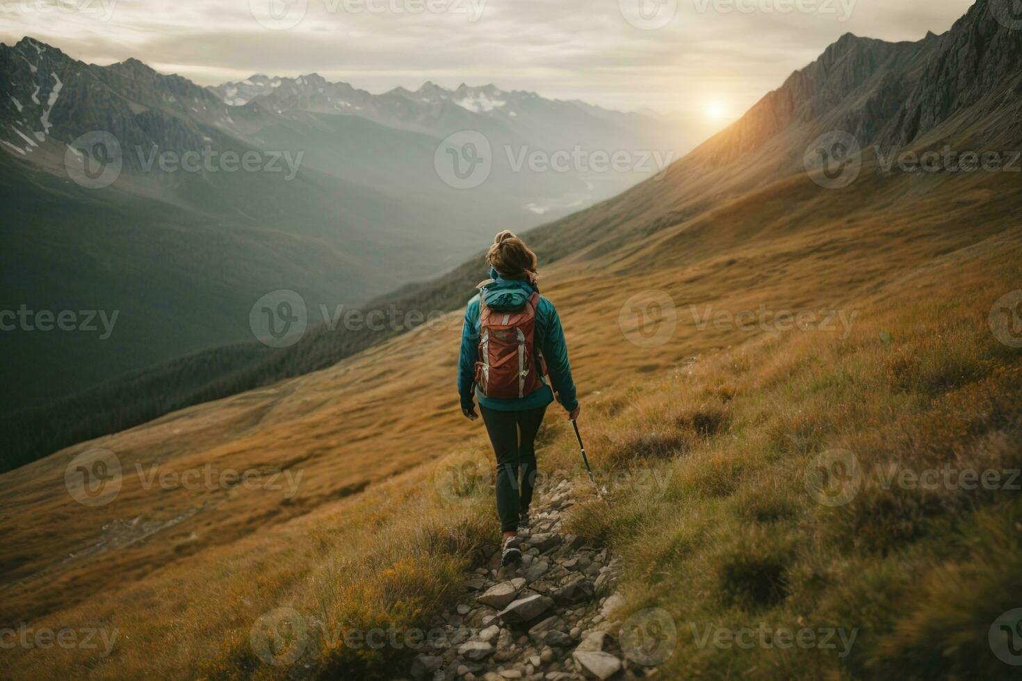 AI generated Sporty fit young diverse woman athlete running on a mountain trek with sun in the background photo