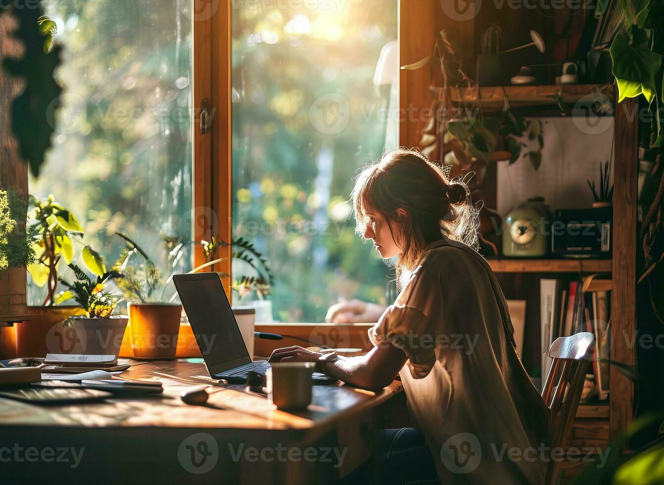 AI generated Freelancer performing remote work from home with laptop connectivity photo