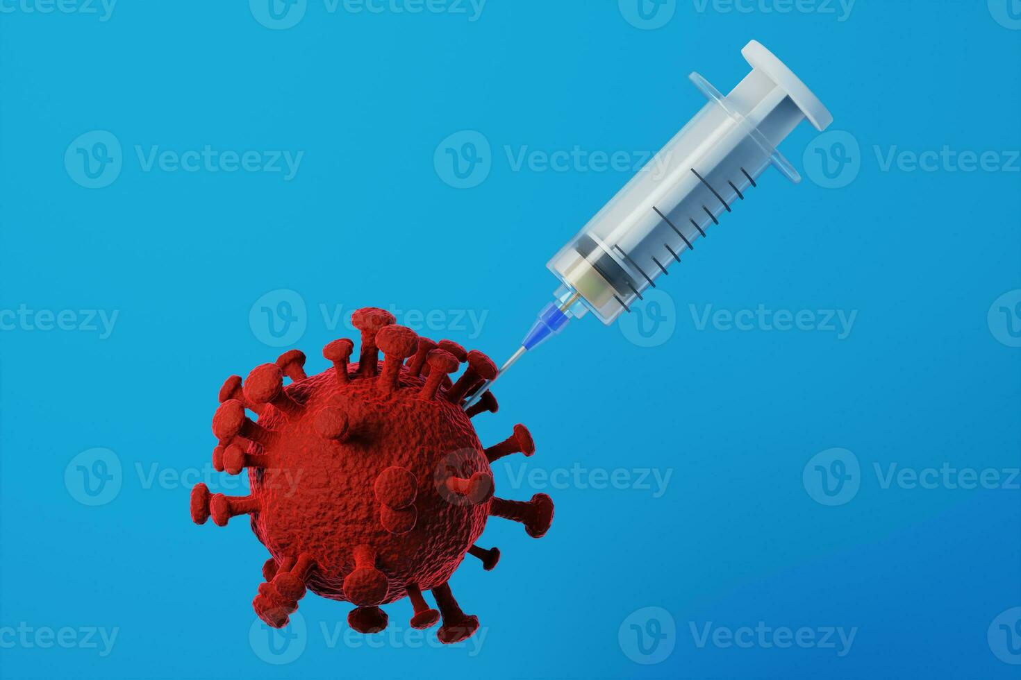 3d rendering creative illustration concept image of corona virus covid-19 get injected by vaccine liquid serum from medical syringe to heal pandemic photo