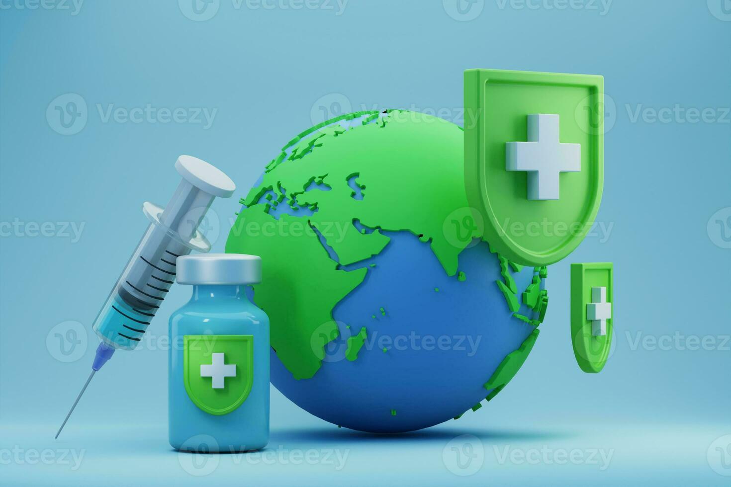 3d rendering creative concept illustration of earth world get immune protection and shield by bottle of vaccine and medical injection syringe from corona virus disease photo