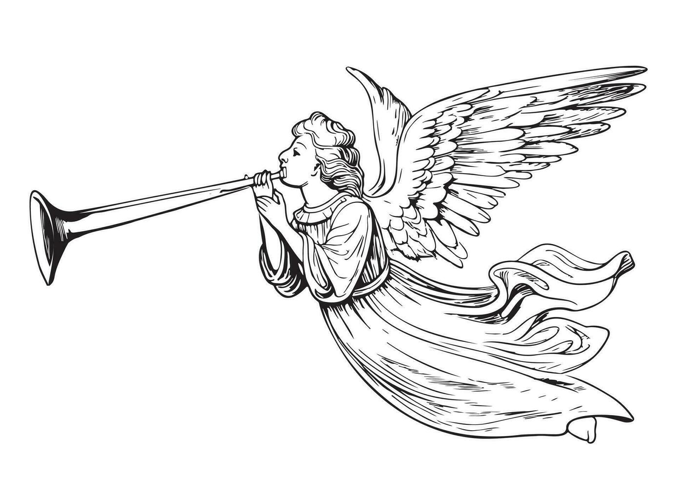 Angel playing the trumpet hand drawn sketch Vector illustration