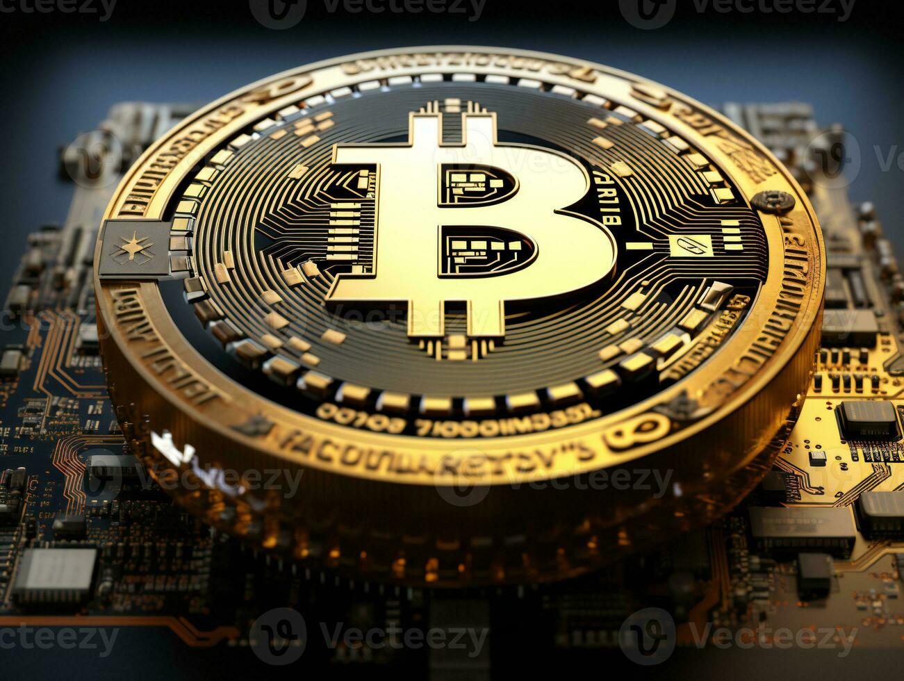 AI generated Golden bitcoin on a circuit board. Cryptocurrency concept. photo