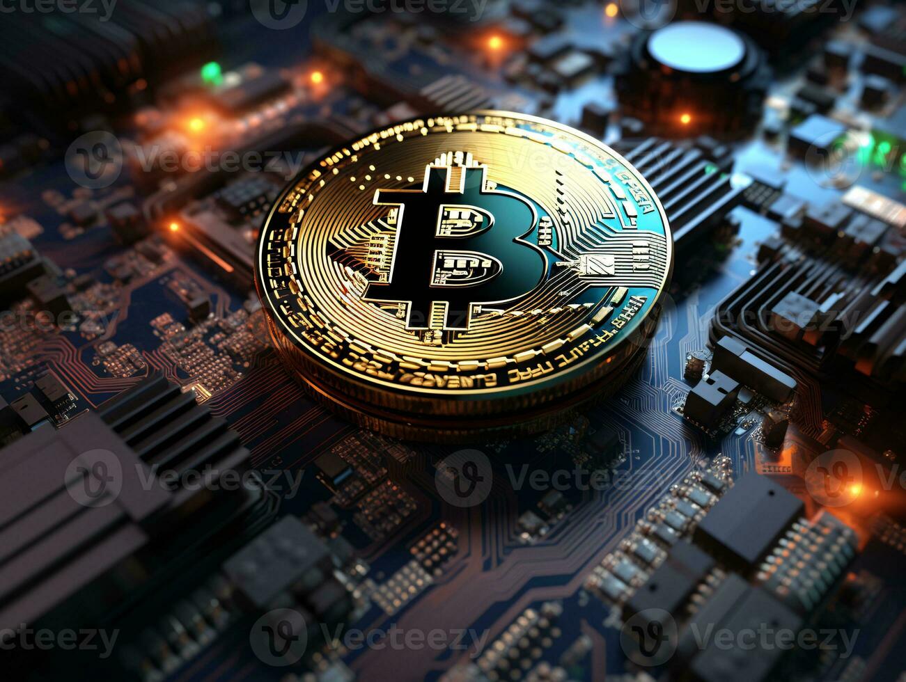 AI generated Golden bitcoin on a circuit board. Cryptocurrency concept. photo