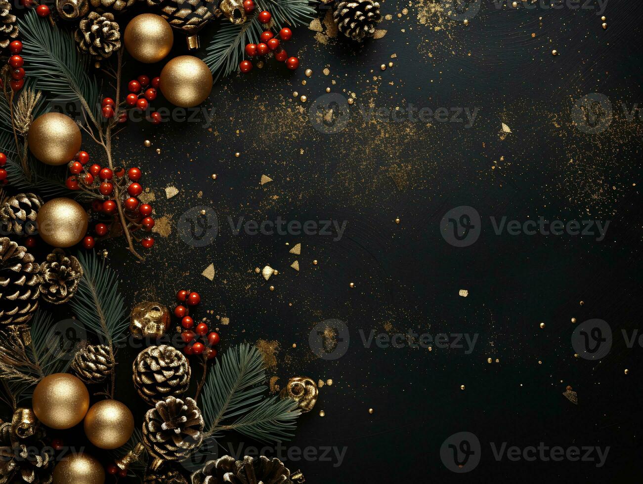 AI generated Top down perspective of festive Christmas decorations a New Year backdrop photo